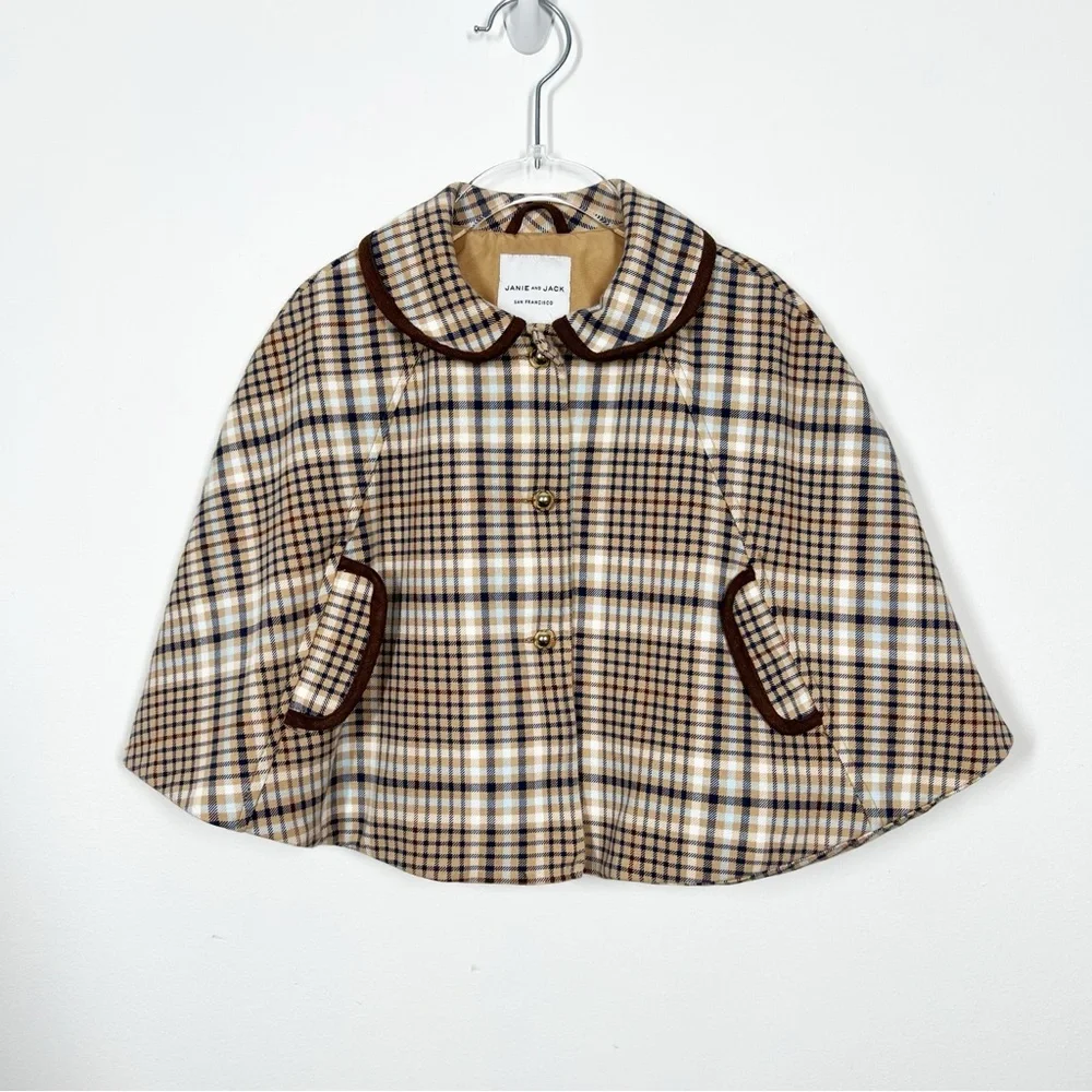 Janie and Jack Girls Size 2T Tan Plaid Cape Brown Velvet Trim Gold Buttons